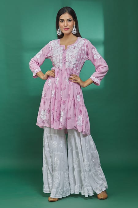 The Chikankarists Purple Modal Cotton Tiered Chikankari A-line Kurta