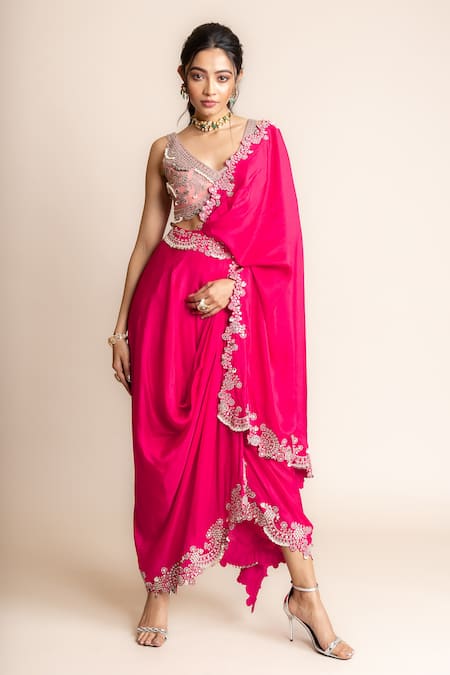 Nupur Kanoi Fuchsia Habutai Silk Hand Placement Pre-draped Saree With Blouse  