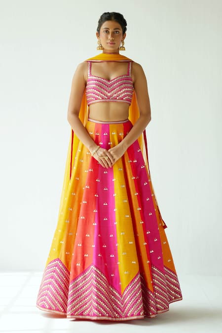 Priyal Prakash Pink Silk, Net Zari, Sequins Sweetheart Neck Embroidered Panelled Lehenga Set Online at Aza Fashions Priyal Prakash_Pink Silk, Net Zari, Sequins Sweetheart Neck Embroidered Panelled Lehenga Set _Online_at_Aza_Fashions