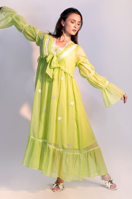 Jyoti Bansal Green Kota Doriya Woven Applique V Neck Tea Date Pleated Bodice Maxi Dress 