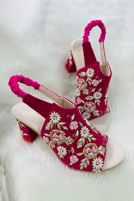 Buy Pink Floral Embroidered Chand Bali Jalsa Kolhapuri Block Heels by  IraSoles Online at Aza Fashions.