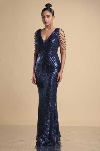 Buy Kommal Sood Blue Lycra, Net Sequins, Beads Plunge Neck Work Graphic Pattern Gown at Aza Fashions Buy_Kommal Sood_Blue Lycra, Net Sequins, Beads Plunge Neck Work Graphic Pattern Gown _at_Aza_Fashions