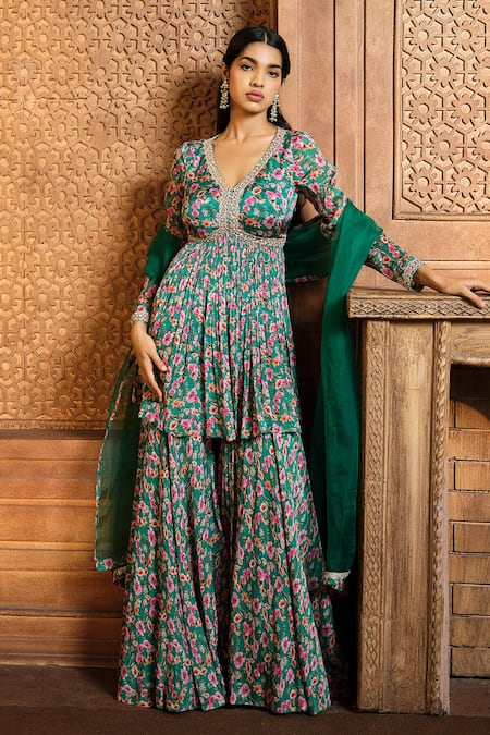 Aneesh Agarwaal Floral Bloom Print Kurta Sharara Set 