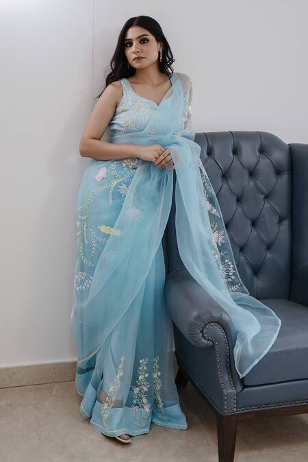 Buy Blue Saree Silk Organza Hand Embroidered Zardosi Leaf Neck Set For  Women by Gul By Aishwarya Online at Aza Fashions.