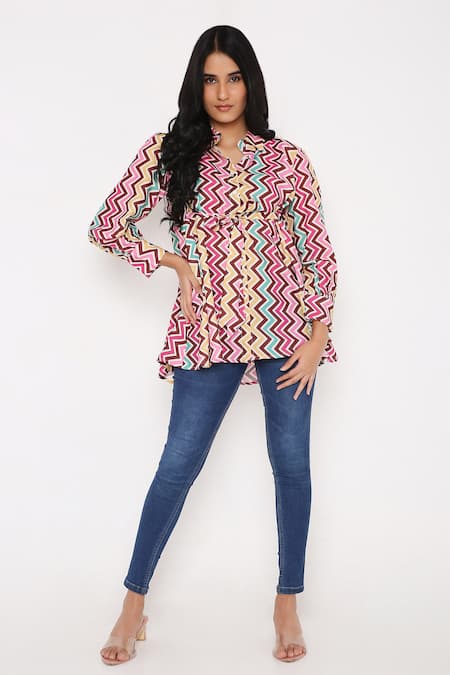 Bha Sha Multi Color Modal, Satin Collared Galaxy Chevron Print Tunic