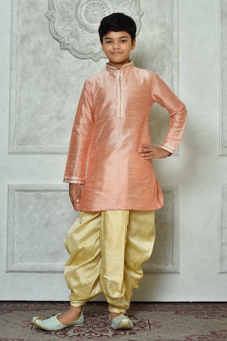 Arihant Rai Sinha Peach Dupion Art Silk Embroidered Mandarin Collar Kurta And Dhoti Pant Set 