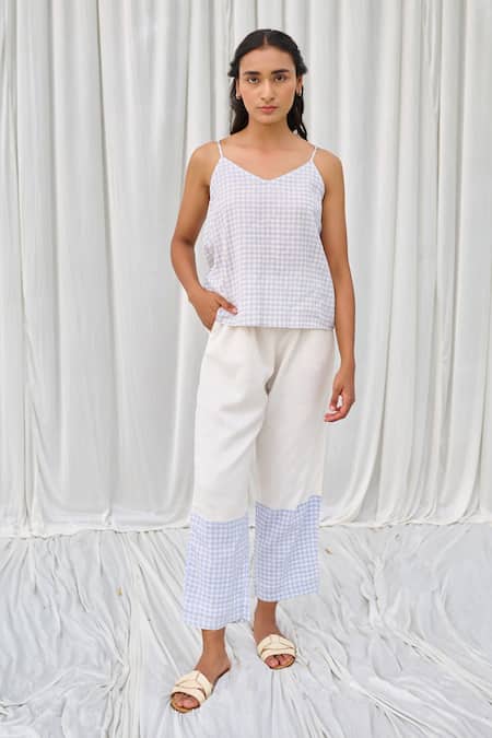 Ayaka Blue Cotton Checkered Hem Print Trouser 