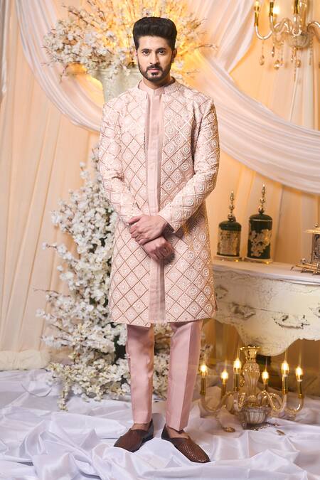Varun Chakkilam Pink , Twill, Organza Beads, Embroidery Metallic Wire Sherwani Set 