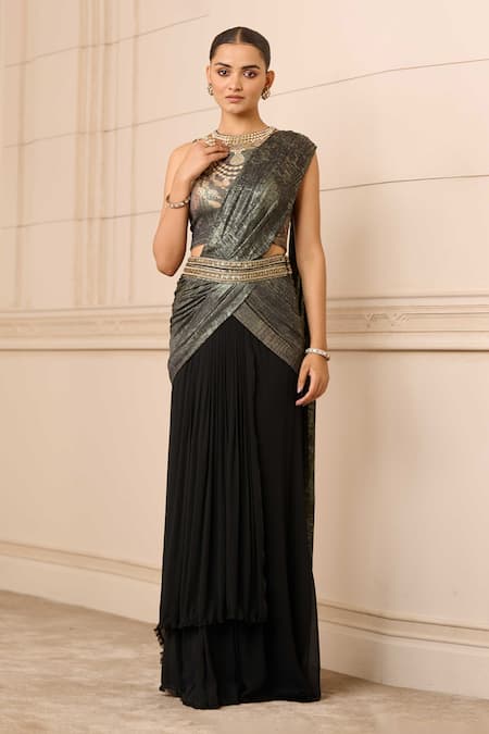 Tarun Tahiliani Black Blouse  Jersey And Concept Saree  Waistband With Printed 