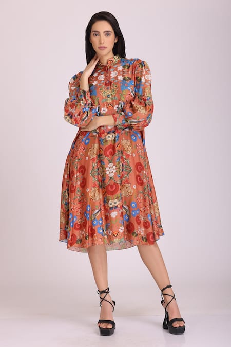 Alpona Designs By Soham Acharya Floral Print Puff Sleeve Dress 