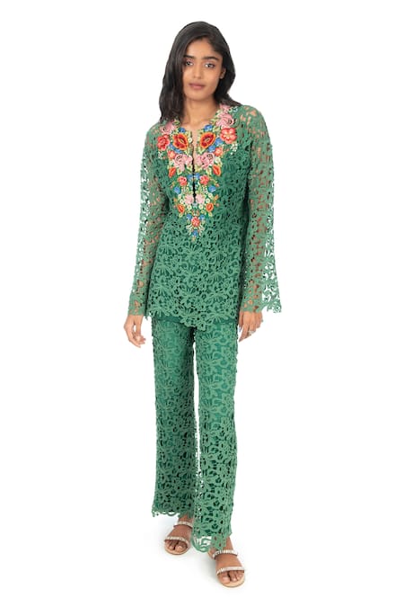 Monisha Jaising Floral Cutwork Lace Tunic & Pant Set 