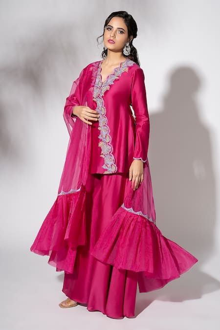 Buy Pink Pure Handwoven Chanderi Embroidered Floral V Neck Kurta Gharara Set For Women By The