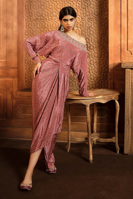 Aneesh Agarwaal Brown Crepe Sequins, Cut Work, Pearls Asymmetric Geometric Print Wrap Dress