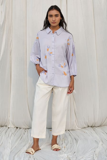 Ayaka Blue Cotton Embroidery Collared Shirt