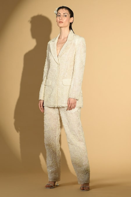 Geisha Designs White Nylon Embroidered Sequins Lapel Collar Thread Jacket And Pant Set  