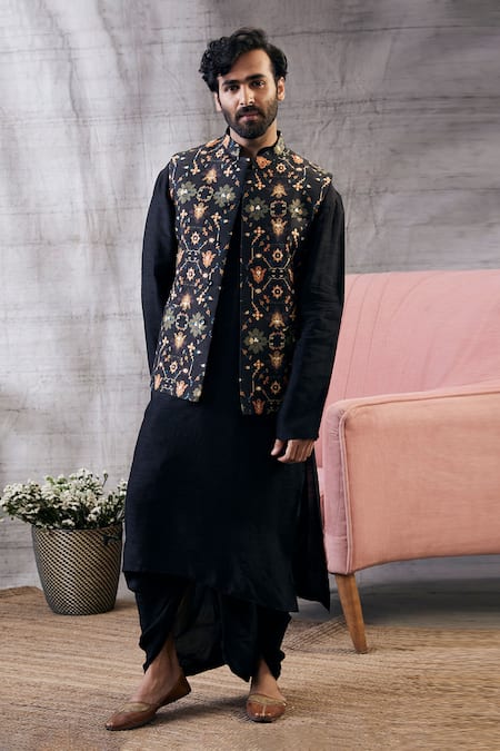 Soup by Sougat Paul Black Malaysian Silk Printed Bundi Geometric And Kurta Dhoti Pant Set 