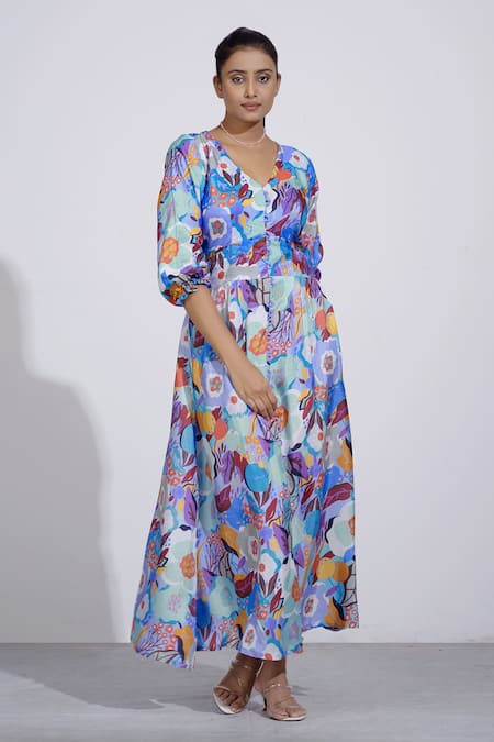 AFFROZ Blue Russian Silk Printed Floral V Neck Maxi Dress 