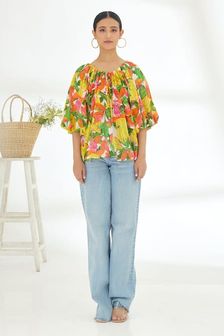 Nikasha Yellow 100% Cotton Banana, Fruit Round Hand Painted Front Knot Top