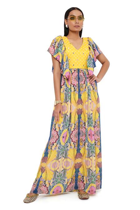 Shop Payal Singhal Yellow Crepe Print And Embroidery Enchanted V Neck Dress Online at Aza Fashions Shop_Payal Singhal_Yellow Crepe Print And Embroidery Enchanted V Neck Dress_Online_at_Aza_Fashions