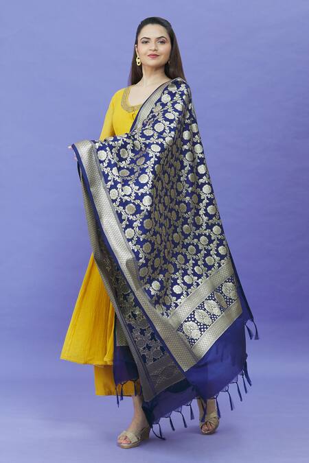 Naintara Bajaj Blue Brocade, Silk Embroidery Floral Vine Pattern Woven Dupatta 