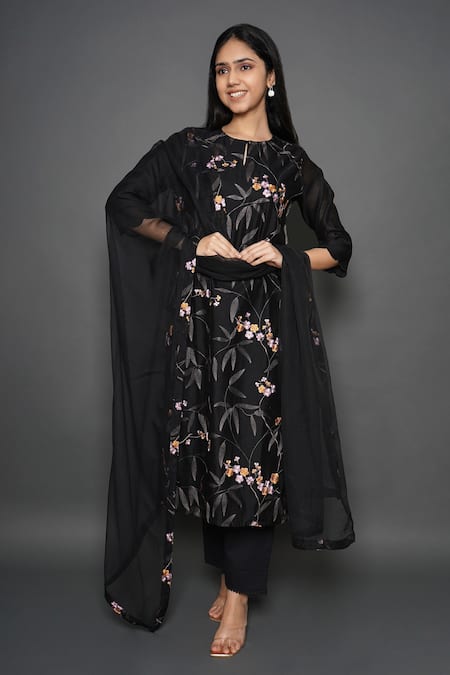 Kameez Black Chanderi, Cotton, Kota Doria Embroidery, Olive Branch Print Kurta Pant Set 