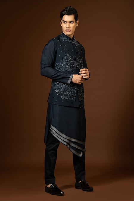 Paarsh Blue Embroidered Pearl Navy Bundi Kurta Set 
