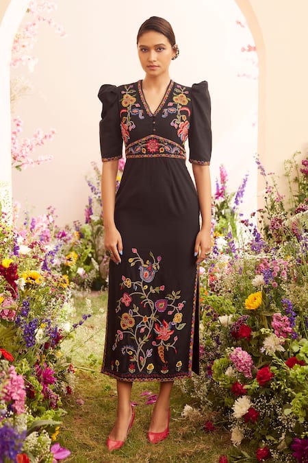 Chandrima Black Kala Cotton Embroidery Bead And Thread V Neck Floral Puff Sleeve Dress 