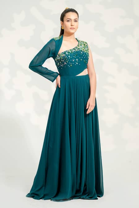 Tamaraa By Tahani Green Georgette Embroidered Crystals Dela High Collar One Shoulder Pleated Gown 