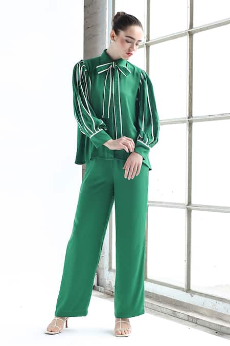 Ashico - Green Georgette Solid Collared Neck Shirt And Pant Set For Women