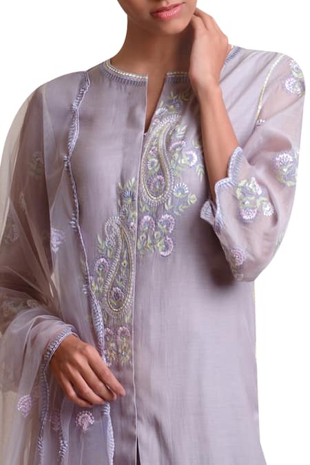 Sue Mue Grey Tulle, Handloom Cotton Mandarin Collar Kurta Palazzo Set Online at Aza Fashions Sue Mue_Grey Tulle, Handloom Cotton Mandarin Collar Kurta Palazzo Set _Online_at_Aza_Fashions