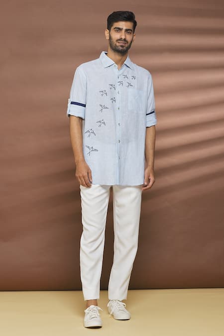 Linen Bloom Blue 100% Linen Embroidered Thread Work Bird Motif Shirt 