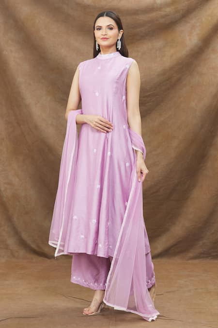 Shop_Kanj By Priyanka A Sakhuja_Purple Silk, Chanderi Pearls, Cut Work, Embroidery High Neck Kurta Palazzo Set _Online_at_Aza_Fashions