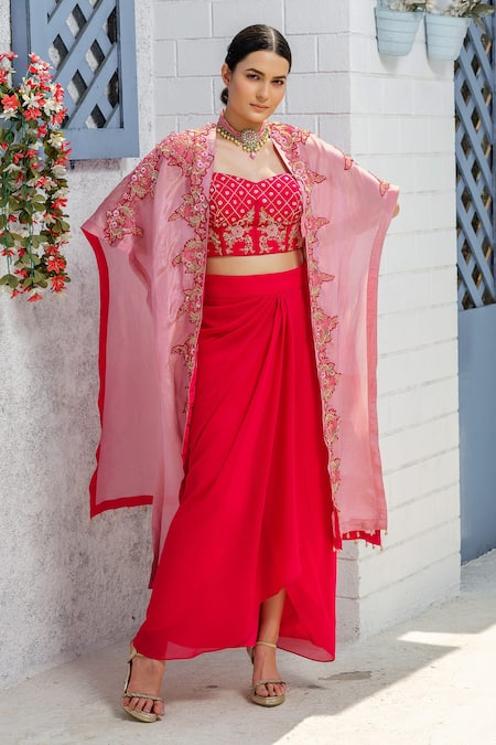 Tamaraa By Tahani Pink Georgette Embroidery Crystal Cape Open And Dhoti Skirt Set 