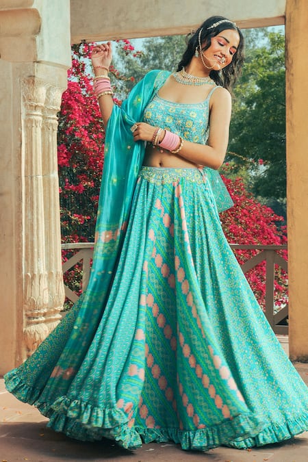 Buy Women Teal Blue Abstract Print Lehenga Set With Contrast Blouse And  Dupatta - Feed Luxe Lehenga - Indya