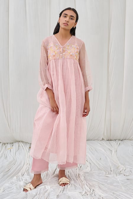 Ayaka Pink Silk Organza, Cotton Tassels, Embroidery V-neck Floral Dress