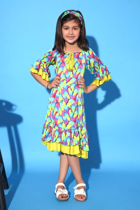Littlecheer Multi Color Viscose, Satin Feather Print Ruffled And Tiered Dress