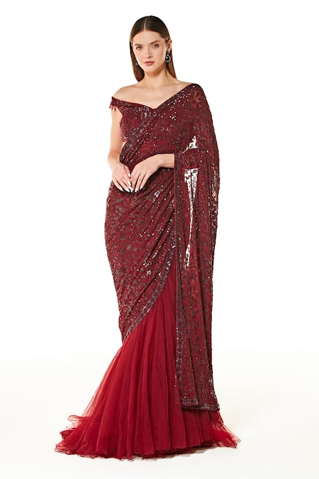 Rabani & Rakha Maroon Net Hand Embroidered Sequins Sairaa Lehenga Saree With Blouse  