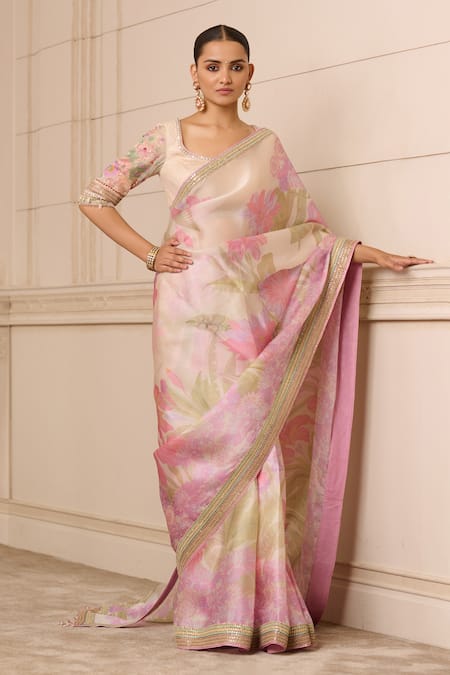 Tarun Tahiliani Ivory Blouse  Tulle Printed Floral Scoop Neck Saree With Textured 
