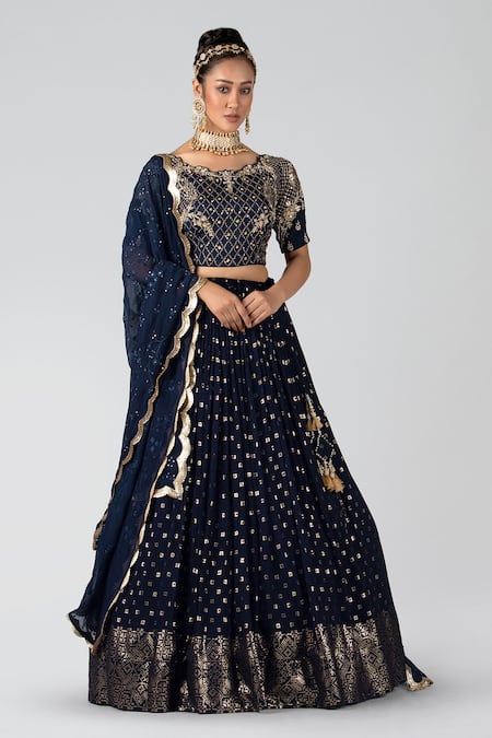 Buy Blue Georgette Embroidery Floral Cutwork Sequin Lehenga Set For ...