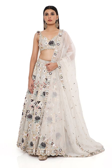 Shop_Payal Singhal_Pink Georgette Embroidery Thread And Mukaish V Neck Lotus Bridal Lehenga Set_Online_at_Aza_Fashions