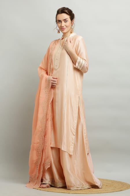 Kefi Collections Peach Kurta And Sharara Silk Chanderi Embroidery Stitchline Anjila Set 