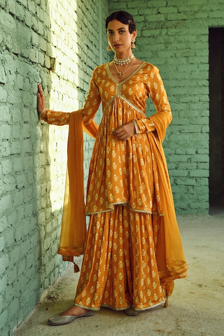 Karaj Jaipur Yellow Kurta And Sharara- Muslin Printed Flower Buttis V Neck Flared Set 