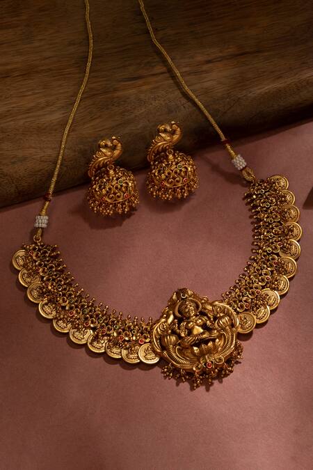 Shop_Zevar By Geeta_Gold Plated Stones Carved Temple Necklace Set_at_Aza_Fashions