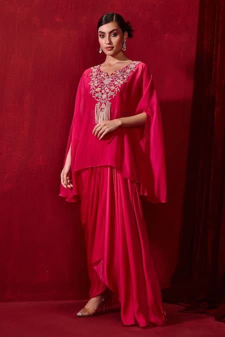 Ajiesh Oberoi Pink Organza Embroidered Pearl Cape  Notched Chahat Skirt Set 