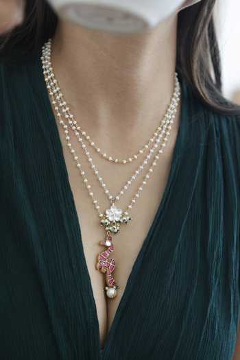 Shop Do Taara Gold Plated Pearl Layered Peacock Necklace at Aza Fashions Shop_Do Taara_Gold Plated Pearl Layered Peacock Necklace _at_Aza_Fashions