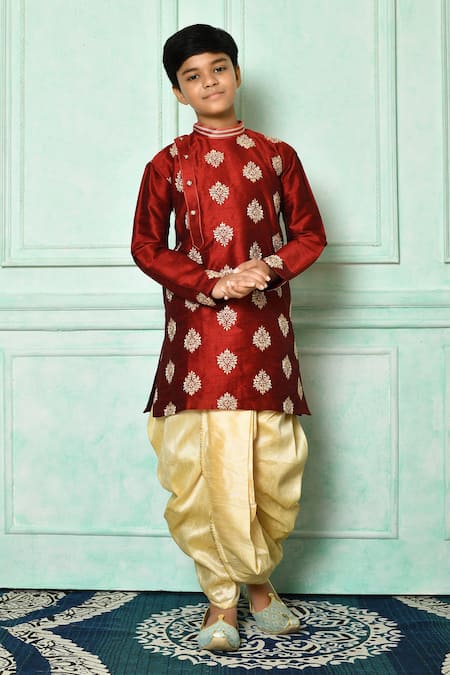 Buy Red Dupion Art Silk Embroidered Floral Pattern Kurta And Dhoti