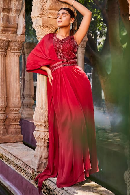 Mehak Murpana Red Crepe Embroidery Geometric Leaf Neck Bodice Saree Gown