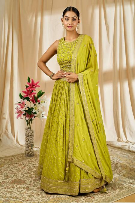 Buy_Alaya Advani_Green Blouse Dupion Silk, Lehenga And Dupatta Georgette Sequin Embroidered Set_Online_at_Aza_Fashions