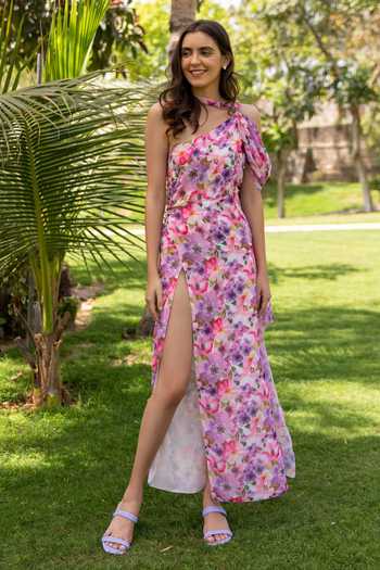 Buy B'Infinite Purple Georgette Floral Pattern Asymmetric Slit Dress at Aza Fashions Buy_B'Infinite_Purple Georgette Floral Pattern Asymmetric Slit Dress_at_Aza_Fashions