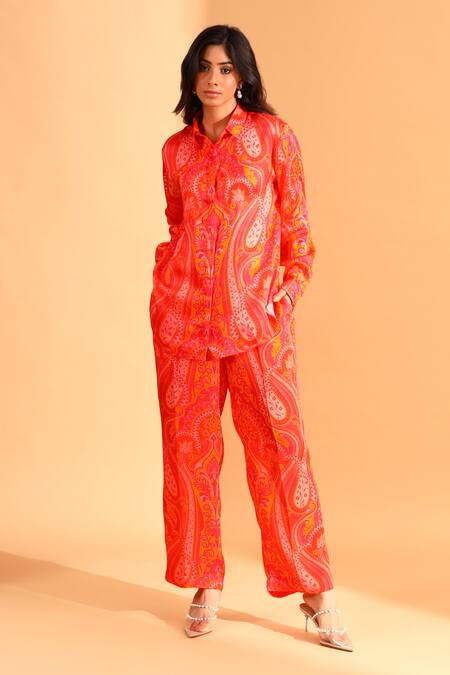 Buy_Moh India_Coral Cupro And Copper Silk Paisley Trouser _Online_at_Aza_Fashions